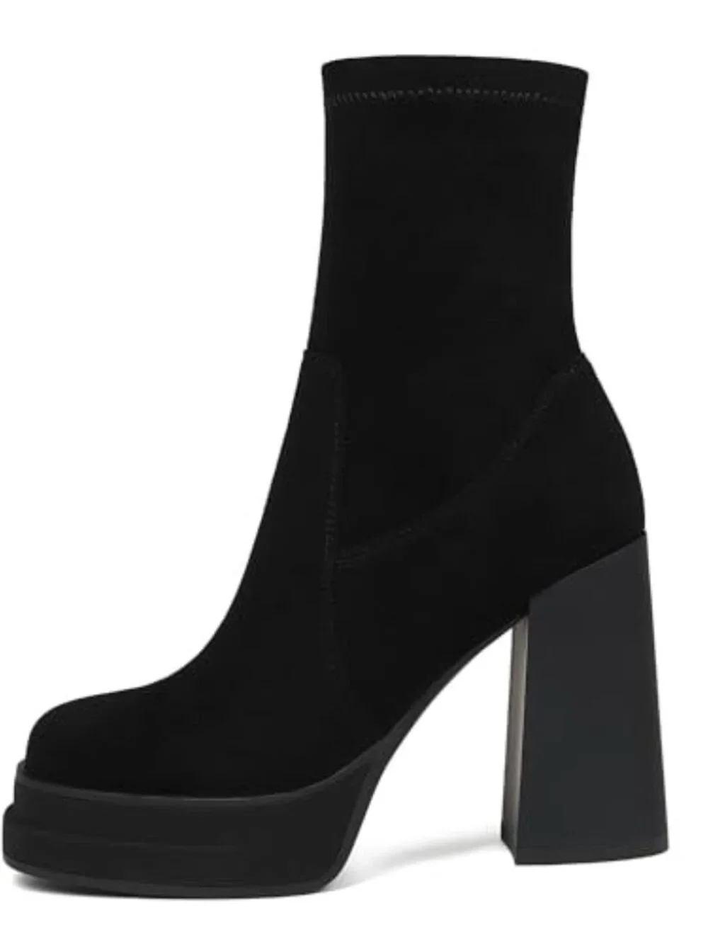 Platform Ankle Boots Chunky High Heel Square Toe Stretchy Combat Booties
